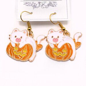 Handmade Halloween White Enamel Cat with Lollipop on Pumpkin Earrings, New